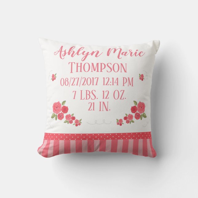 Shabby Chic Pink White Floral Flower Birth Stats Cushion (Front)