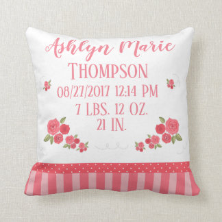 Shabby Chic Pink White Floral Flower Birth Stats Cushion