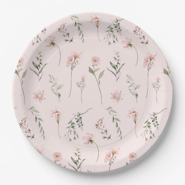 Shabby chic pink wildflower sage green greenery paper plate (Front)