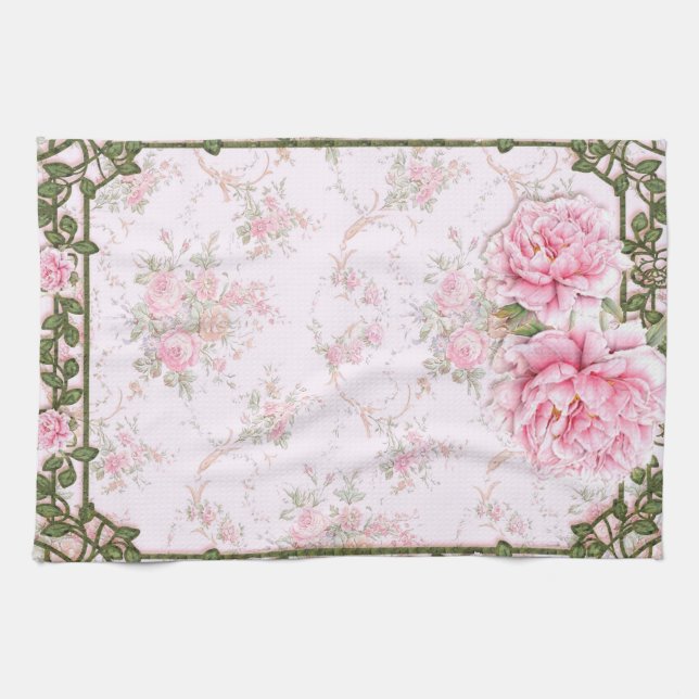 Shabby Chic Pretty Peonies Tea Towel (Horizontal)