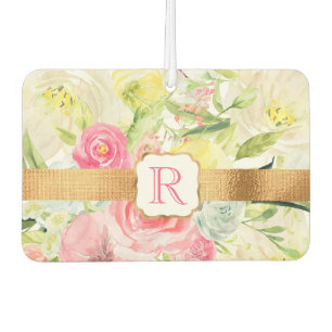 Shabby Chic Pretty Pink Watercolor Roses Monogram Car Air Freshener