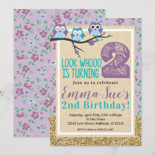 Shabby Chic Purple Owl 2nd Birthday Invitation