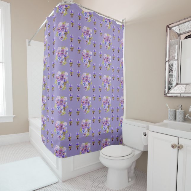 Shabby Chic Purple Pansy Floral Dot Shower Curtain (In Situ)