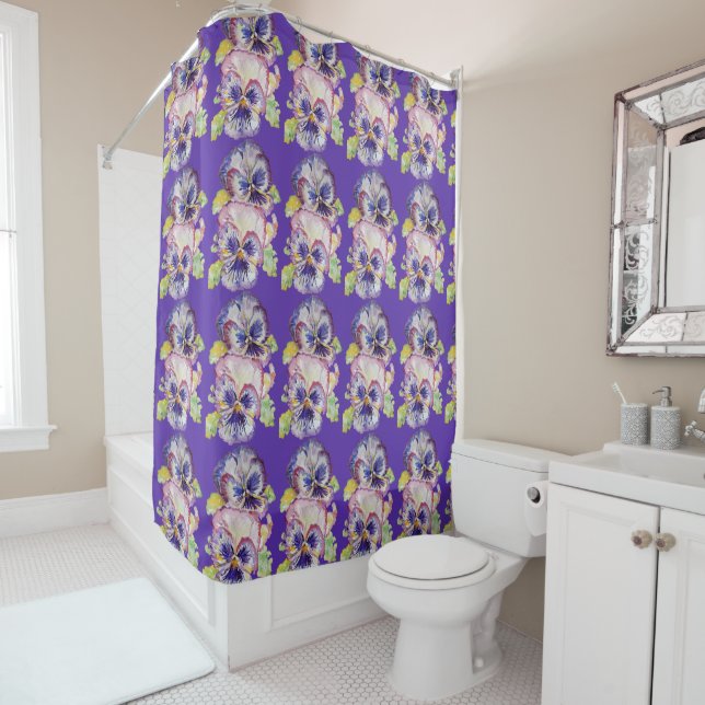 Shabby Chic Purple Pansy Violet Shower Curtain (In Situ)