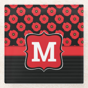 Shabby Chic Red and Black Poppies Floral Monogram Glass Coaster