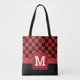 Shabby Chic Red and Black Poppies Floral Monogram Tote Bag