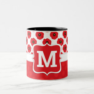 Shabby Chic Red and White Poppies Pattern Monogram Two-Tone Coffee Mug