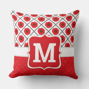 Shabby Chic Red, Black & White Poppies Monogram Cushion