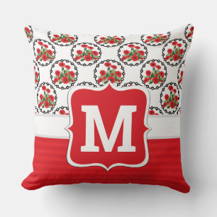 Shabby Chic Red, Black & White Poppies Monogram Cushion