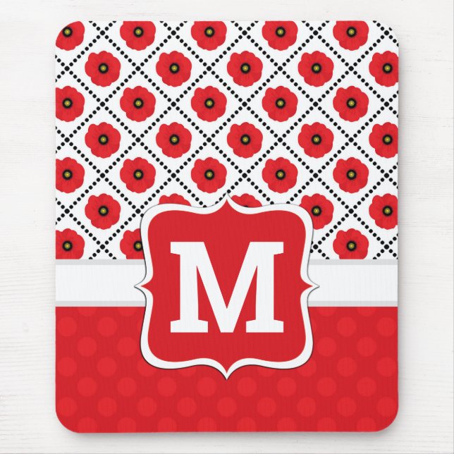 Shabby Chic Red, Black & White Poppies Monogram Mouse Mat (Front)