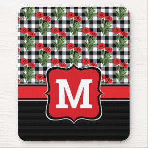 Shabby Chic Red, Black & White Poppies Monogram Mouse Mat
