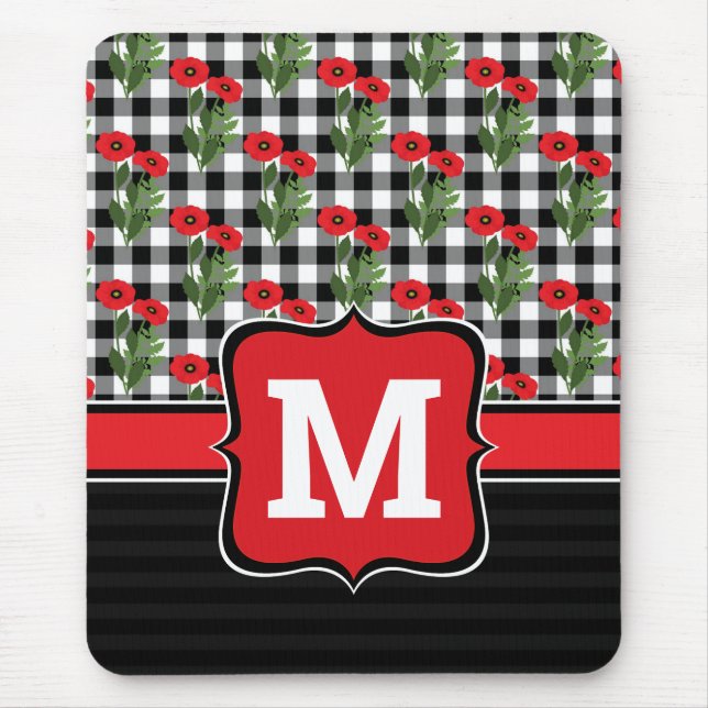 Shabby Chic Red, Black & White Poppies Monogram Mouse Mat (Front)