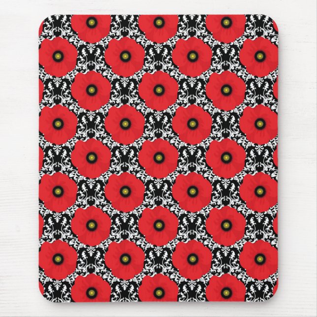Shabby Chic Red, Black & White Poppies Pattern Mouse Mat (Front)