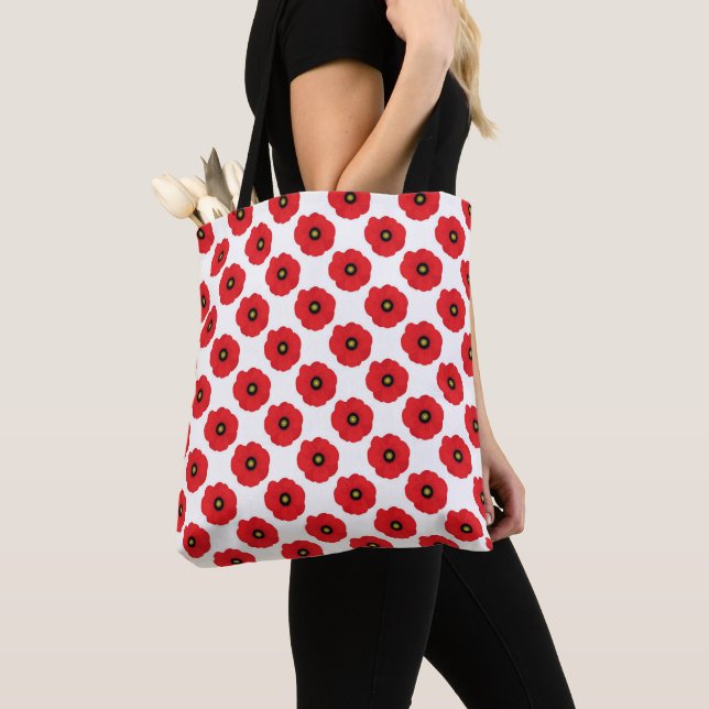 Shabby Chic Red, Black & White Poppies Pattern Tote Bag (Close Up)