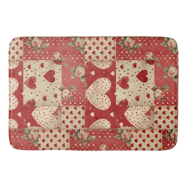 Shabby Chic Red Patchwork Pattern Bath Mat (Front)