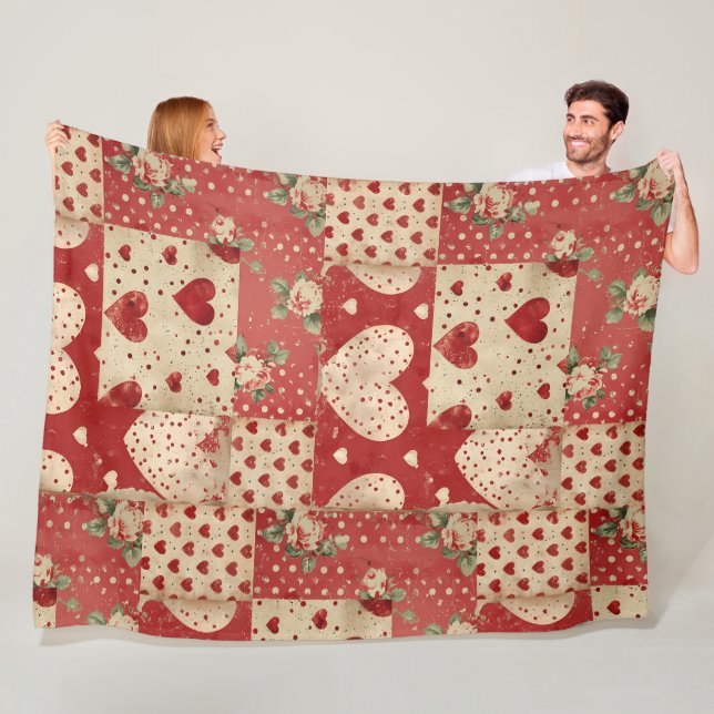 Shabby Chic Red Patchwork Pattern Fleece Blanket (In Situ)