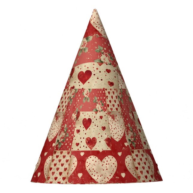 Shabby Chic Red Patchwork Pattern Party Hat (Front)
