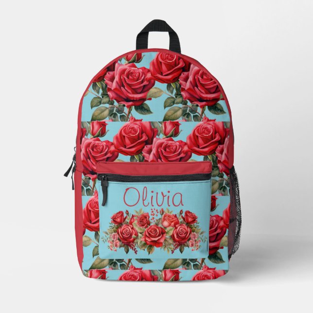 Shabby Chic Red Roses Blue Background Printed Backpack (Front)