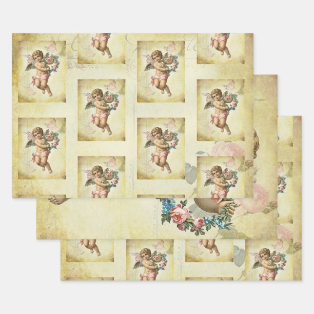 Shabby Chic Romantic French inspired Cherub Wrapping Paper Sheet (Set)