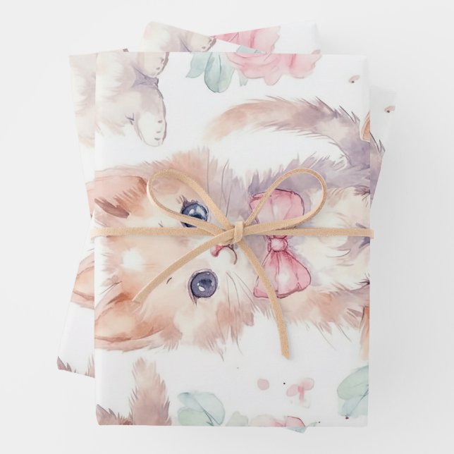 Shabby Chic Romantic Kitten Floral Wrapping Paper Sheet (In situ)