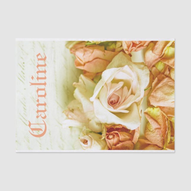 Shabby Chic Romantic Peach Roses Personalised Name Tissue Paper (Front)