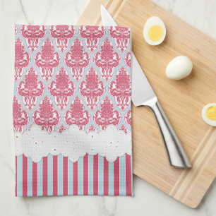 Shabby Chic Rose & Blue Damask & Stripes Tea Towel