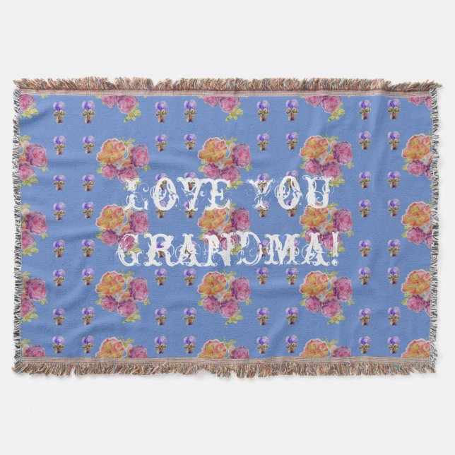Shabby Chic Rose Floral Love You Grandma Throw Rug (Front)