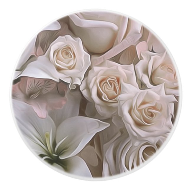 Shabby Chic Rose Floral Rustic Farmhouse Elegant Ceramic Knob (Front)