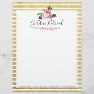 Shabby Chic Rose & Modern Girly Gold Stripes Custom Letterhead