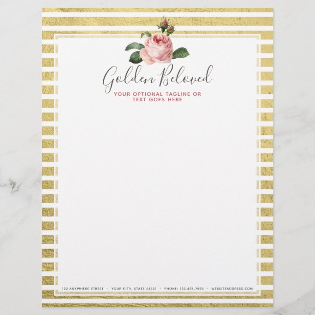 Shabby Chic Rose & Modern Girly Gold Stripes Custom Letterhead (Front)