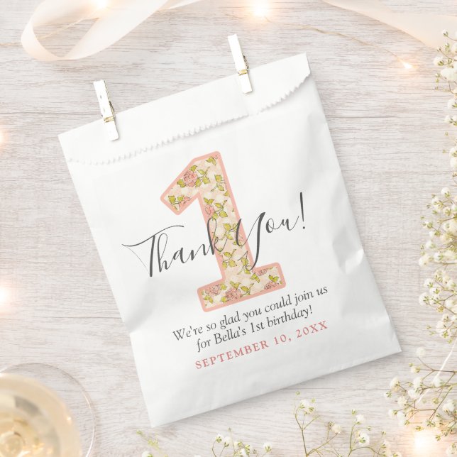 Shabby Chic Rose Thank You 1st Birthday Custom Favour Bags (Clipped)