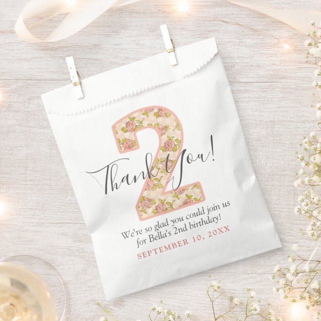 Shabby Chic Rose Thank You 2nd Birthday Custom Favour Bags (Clipped)