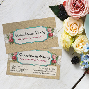 Shabby Chic Roses on Vintage Lace & Rustic Burlap Business Card