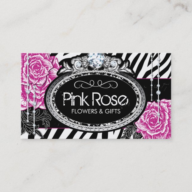 Shabby Chic Roses on Zebra Business Cards (Front)