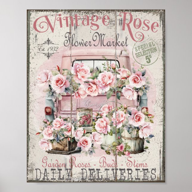 Shabby Chic Roses Pick Up Flower Market Poster (Front)