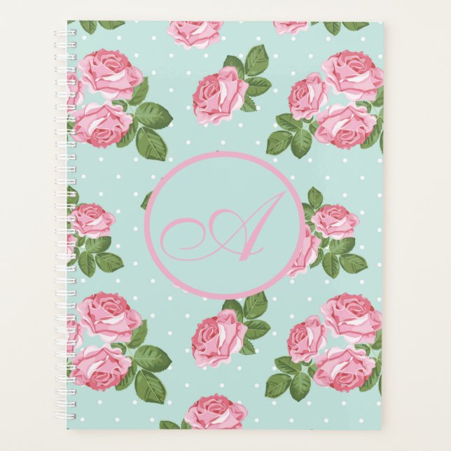 Shabby Chic Roses Retro Trendy Teal Planner (Front)