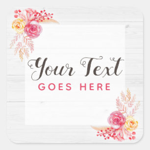 Shabby Chic Roses & Rustic Wood Blush Pink Floral Square Sticker
