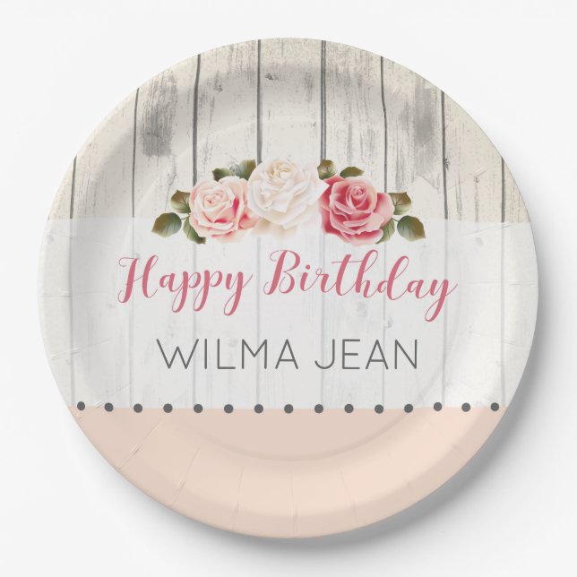 Shabby Chic Roses Rustic Wood Custom Birthday Paper Plate (Front)