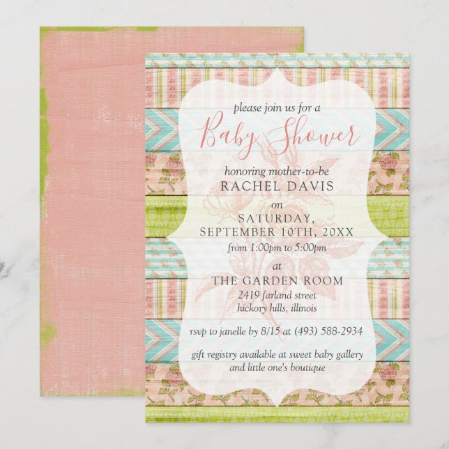 Shabby Chic Roses Rustic Wood Floral Baby Shower Invitation (Front/Back)