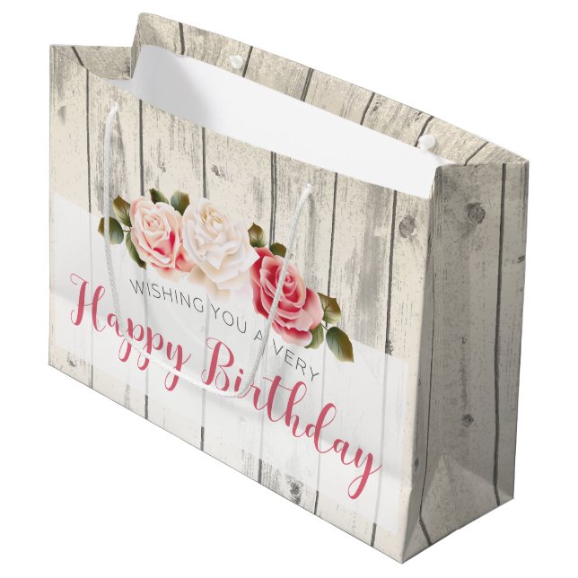 Shabby Chic Roses Rustic Wood Happy Birthday Large Gift Bag (Front Angled)