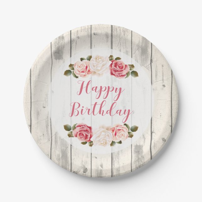 Shabby Chic Roses Rustic Wood Happy Birthday Paper Plate (Front)
