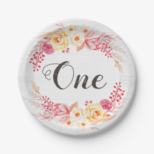 Shabby Chic Rustic Floral One First Birthday Party Paper Plate