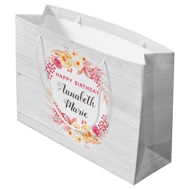 Shabby Chic Rustic Floral Roses Happy Birthday Large Gift Bag (Back Angled)