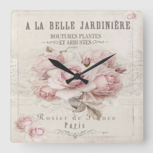 shabby chic,rustic,vintage,floral,collage,country, square wall clock