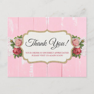 Shabby Chic Rustic Wood Pink Floral Rose Thank You Postcard