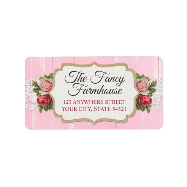 Shabby Chic Rustic Wood Pink Floral Roses Address Label (Front)