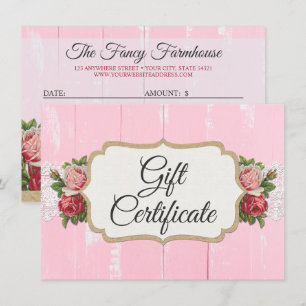 Shabby Chic Rustic Wood Pink Gift Certificate Card