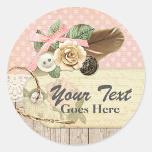 Shabby Chic Rustic Wood, Vintage Lace & Feather Classic Round Sticker