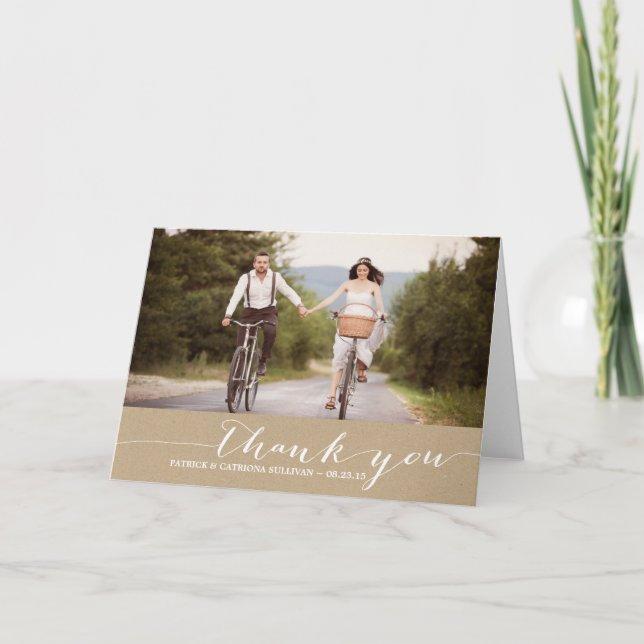 Shabby Chic Script Photo Wedding Thank You Card (Front)