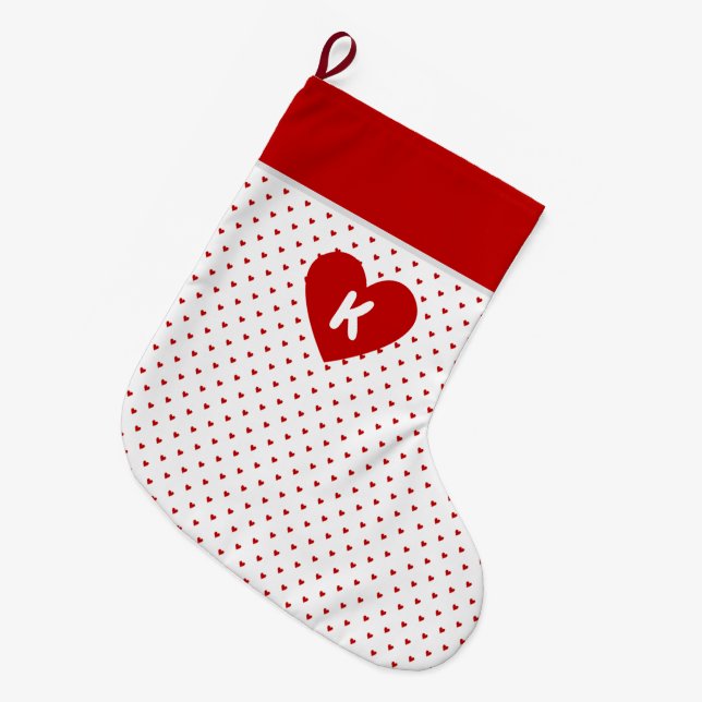 Shabby Chic Simple Red Hearts Pattern on White Large Christmas Stocking (Front (Hanging))